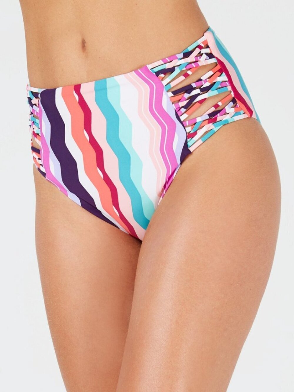 Bar III Waves Strappy High-Waist Bikini Bottoms Multi Swimsuit Beach Size L NWT